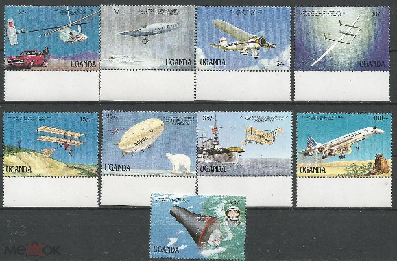 Уганда 1987 г. История авиации, самолёты, воздушный транспорт. MNH. Полная  серия. Нечастые.