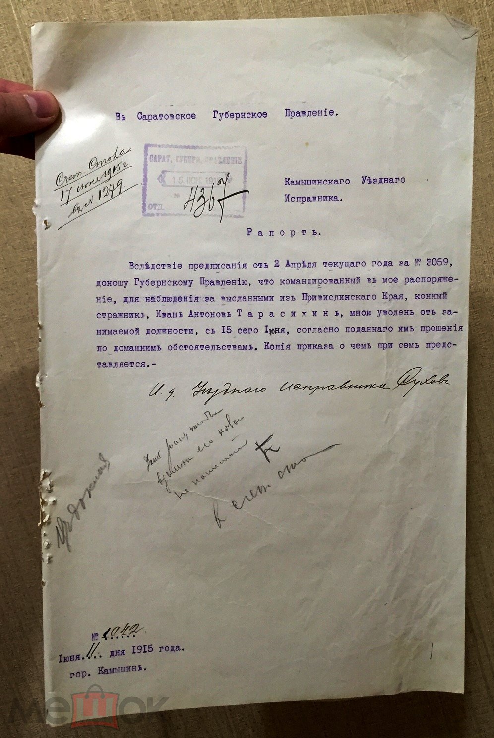 Рапорт об увольнении конного стражника 1915 год. Камышин. Камышинский уезд.  Полиция.