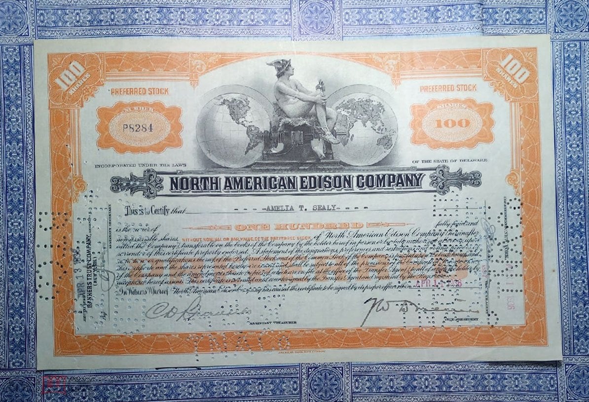 США - NORTH AMERICAN EDISON COMPANY - Преф.сертификат на 100 акций 1930-е  годы /// Оранжевая