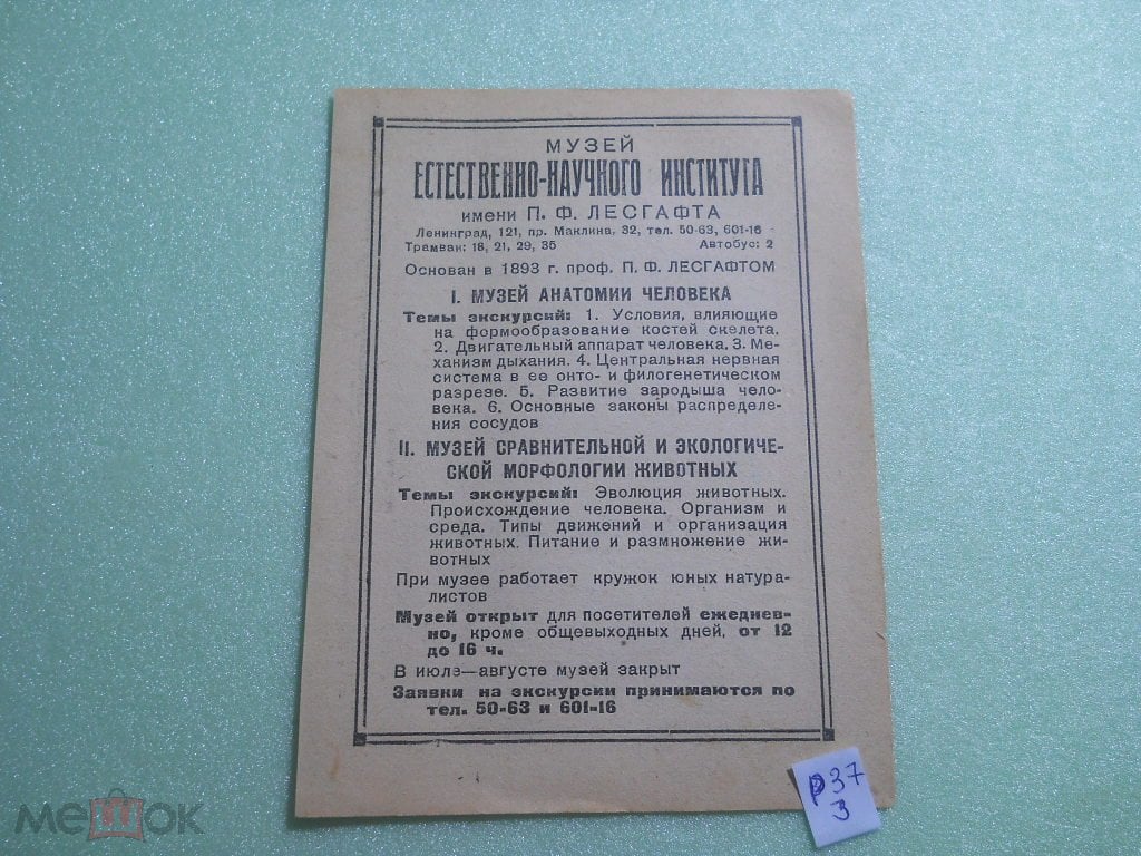 р37 3 реклама 1940 Ленинград музей инст им Лесгафта эволюция животных Пушкинский  дом