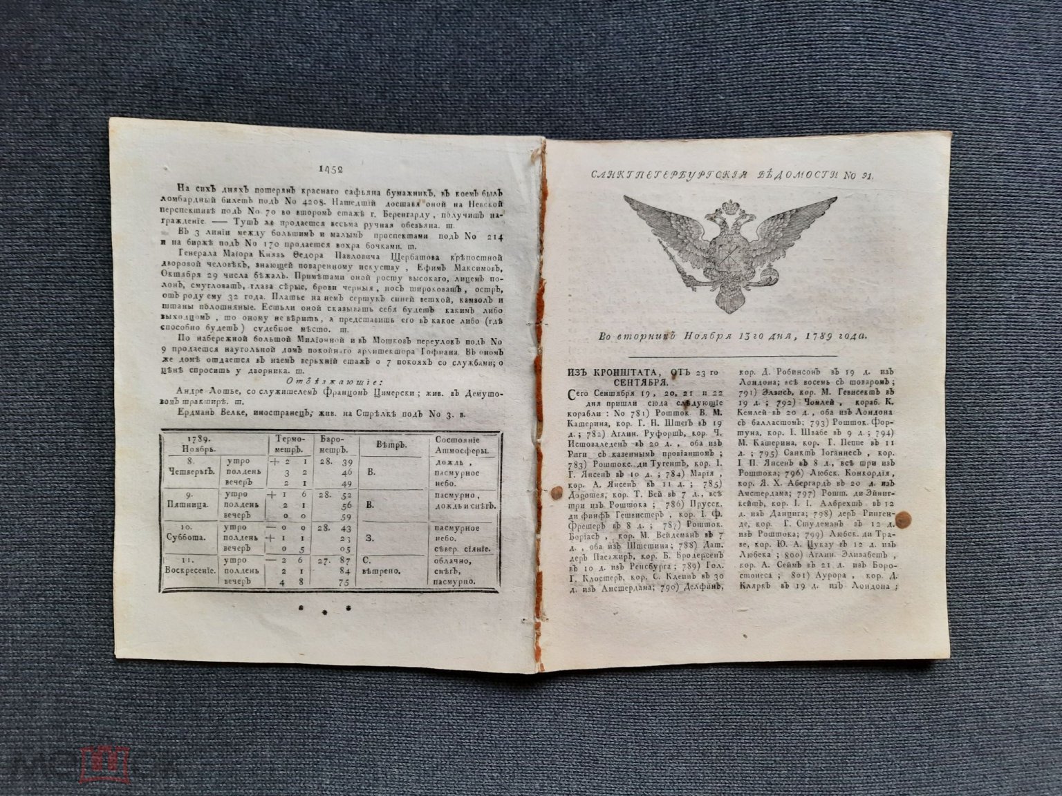 САНКТ-ПЕТЕРБУРГСКИЕ ВЕДОМОСТИ от 13 ноября 1789 года ПРАВЛЕНИЕ ЕКАТЕРИНЫ II  Спб - Оригинал с 1 рубля (торги завершены #283229122)