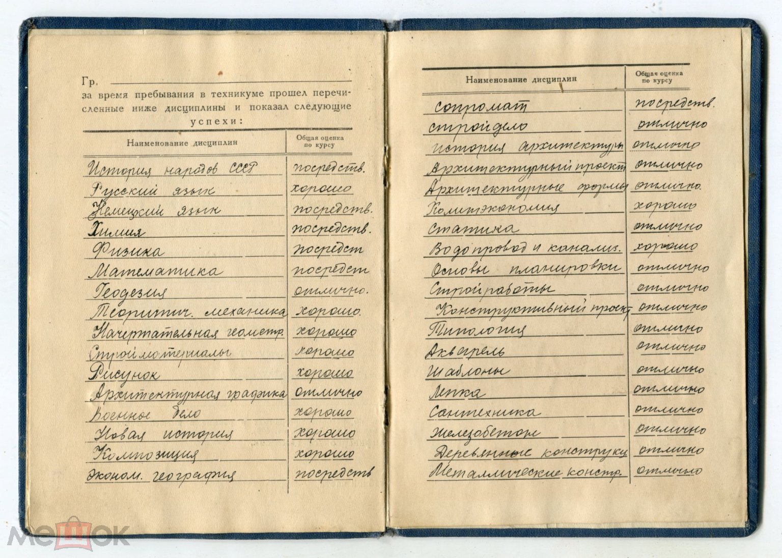 Диплом техника НККХ ГУУЗ РСФСР. 1941 год. Свердловский Архитектурно -  Строительный техникум.